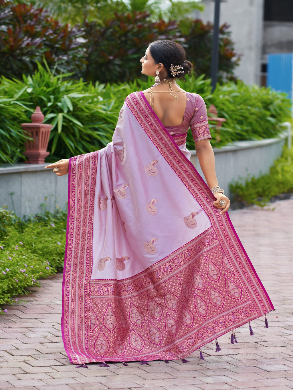 Elegant Peach Silk Saree with Contrast Maroon Heavy Zari Work