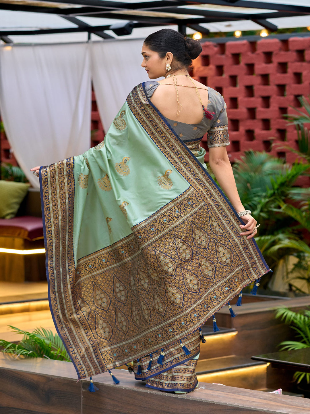 Elegant Peach Silk Saree with Contrast Maroon Heavy Zari Work