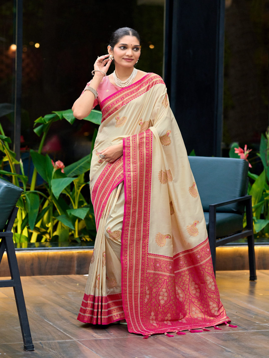 Elegant Peach Silk Saree with Contrast Maroon Heavy Zari Work