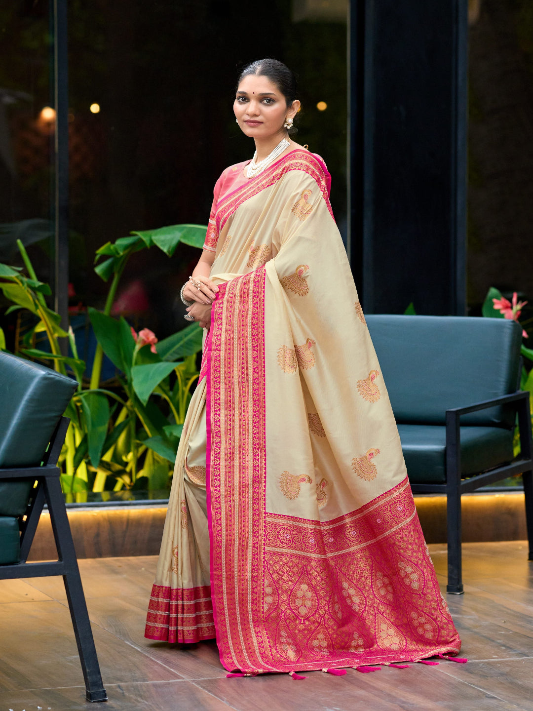Elegant Peach Silk Saree with Contrast Maroon Heavy Zari Work