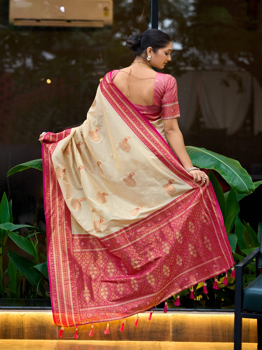Elegant Peach Silk Saree with Contrast Maroon Heavy Zari Work