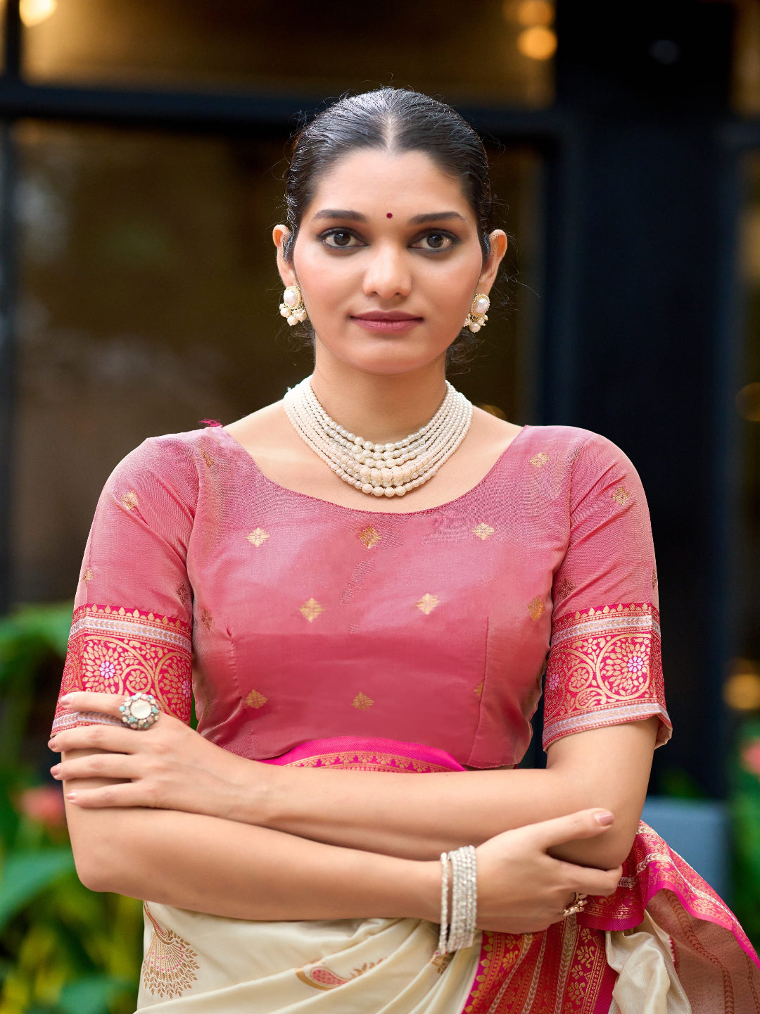 Elegant Peach Silk Saree with Contrast Maroon Heavy Zari Work