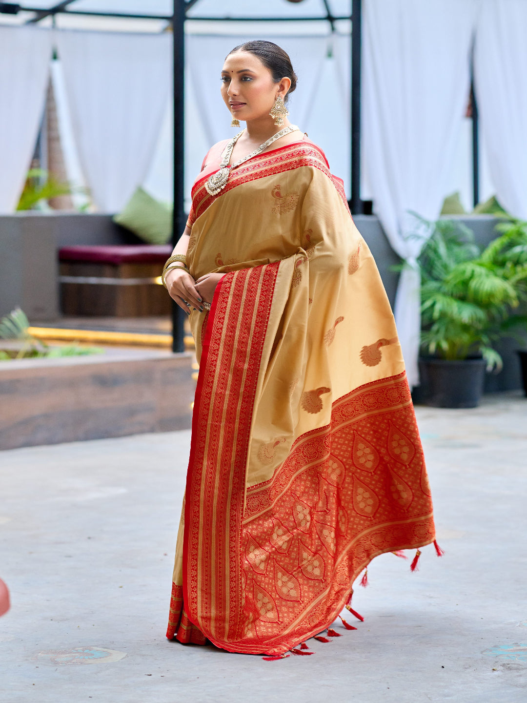 Elegant Peach Silk Saree with Contrast Maroon Heavy Zari Work