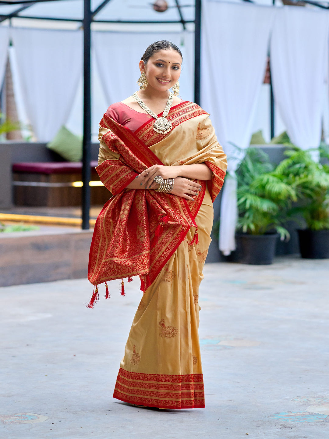 Elegant Peach Silk Saree with Contrast Maroon Heavy Zari Work