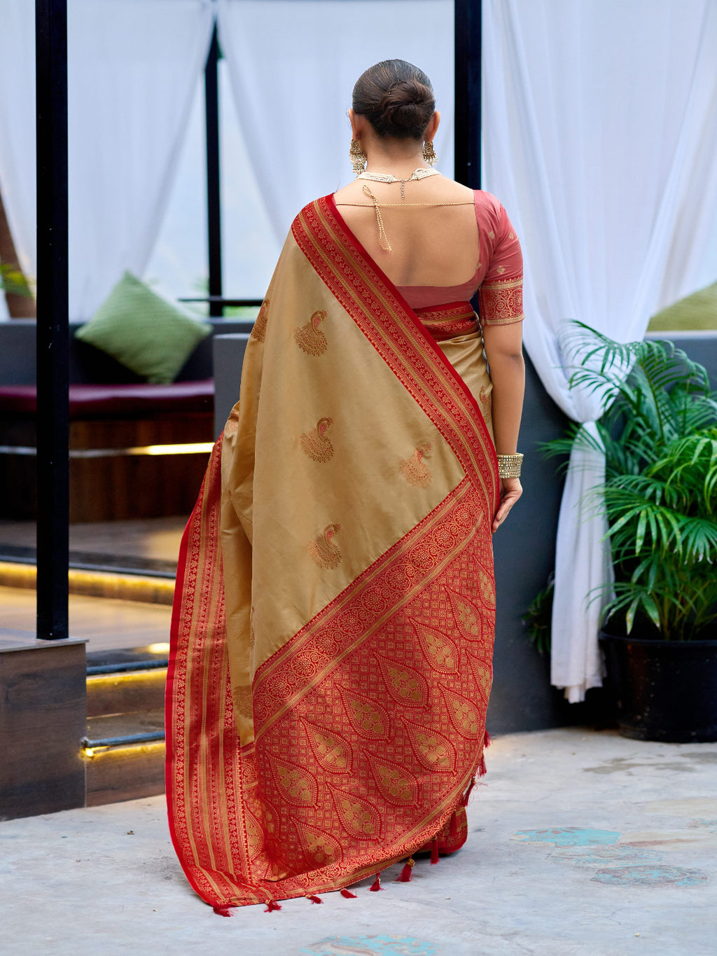 Elegant Peach Silk Saree with Contrast Maroon Heavy Zari Work