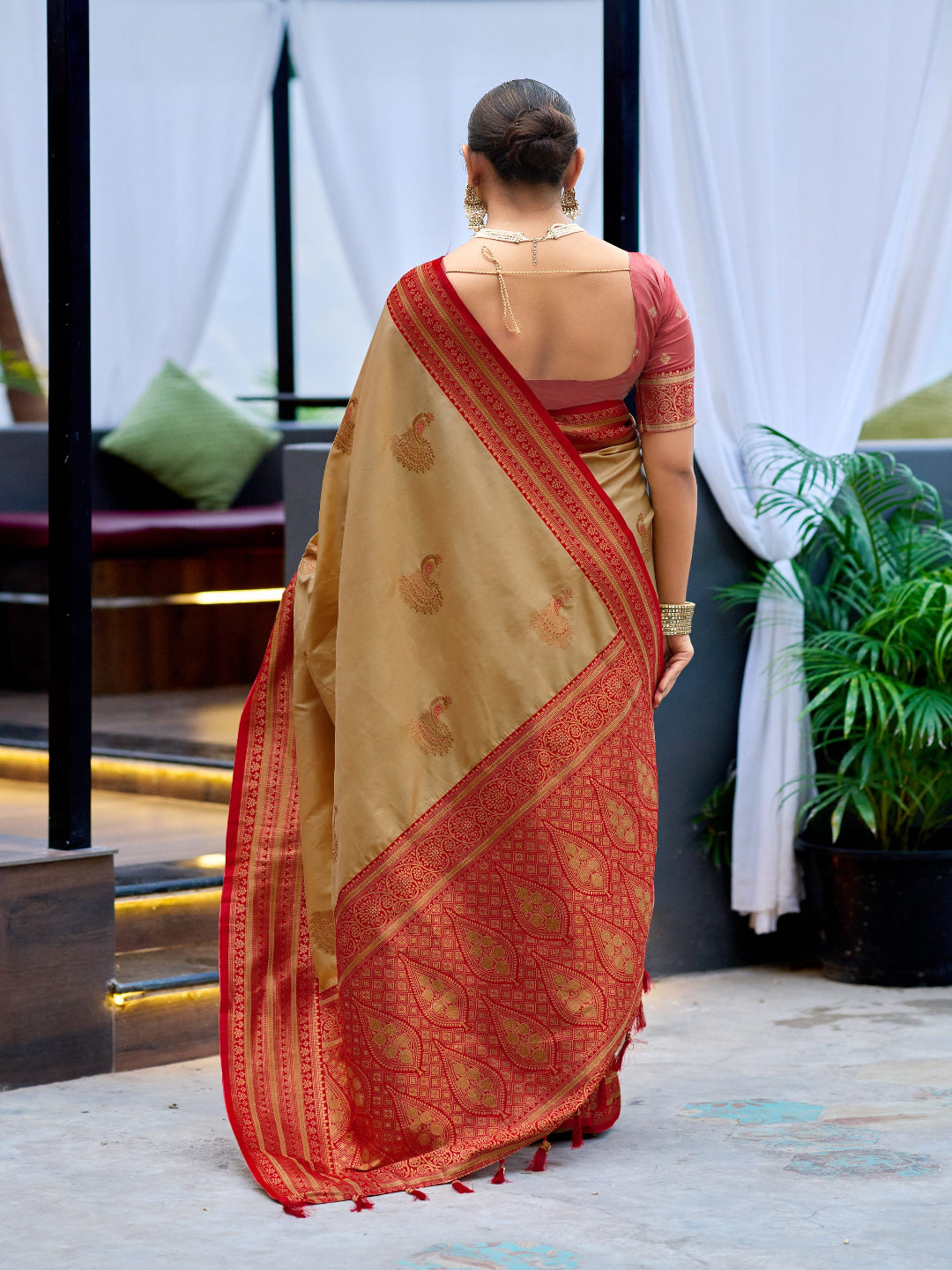Elegant Peach Silk Saree with Contrast Maroon Heavy Zari Work