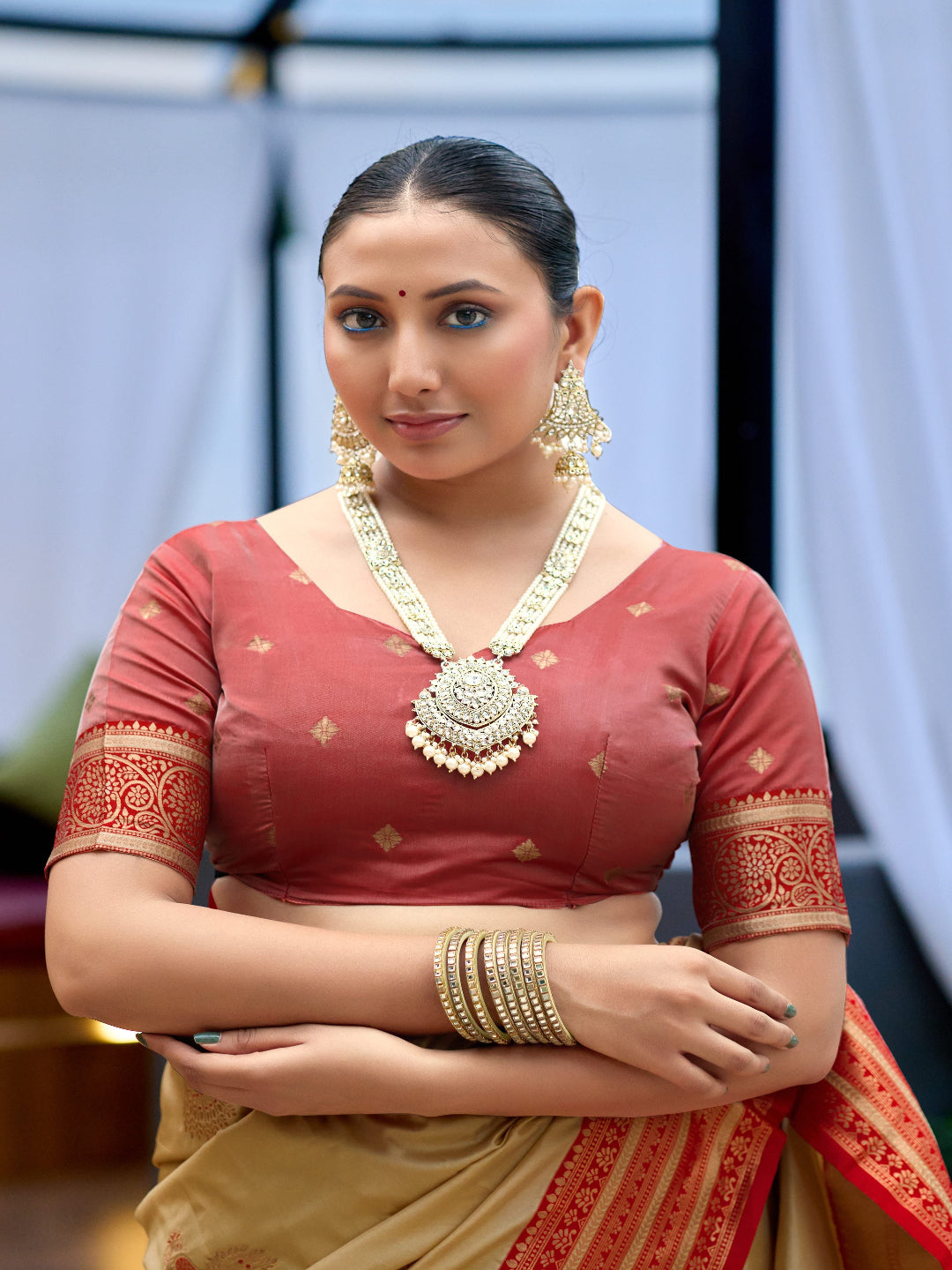 Elegant Peach Silk Saree with Contrast Maroon Heavy Zari Work