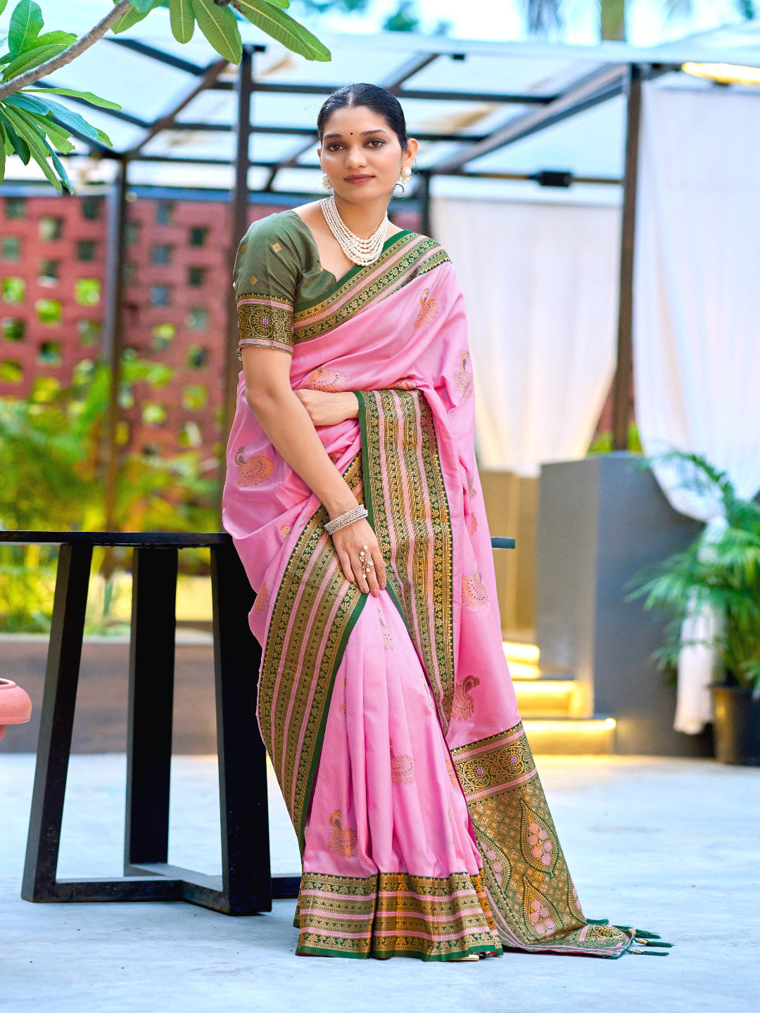 Elegant Peach Silk Saree with Contrast Maroon Heavy Zari Work