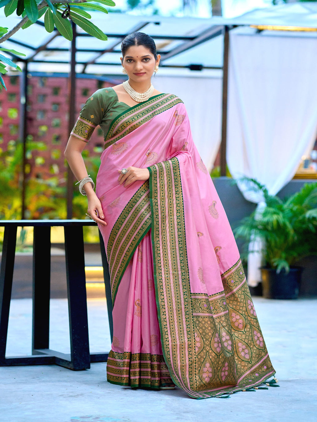 Elegant Peach Silk Saree with Contrast Maroon Heavy Zari Work