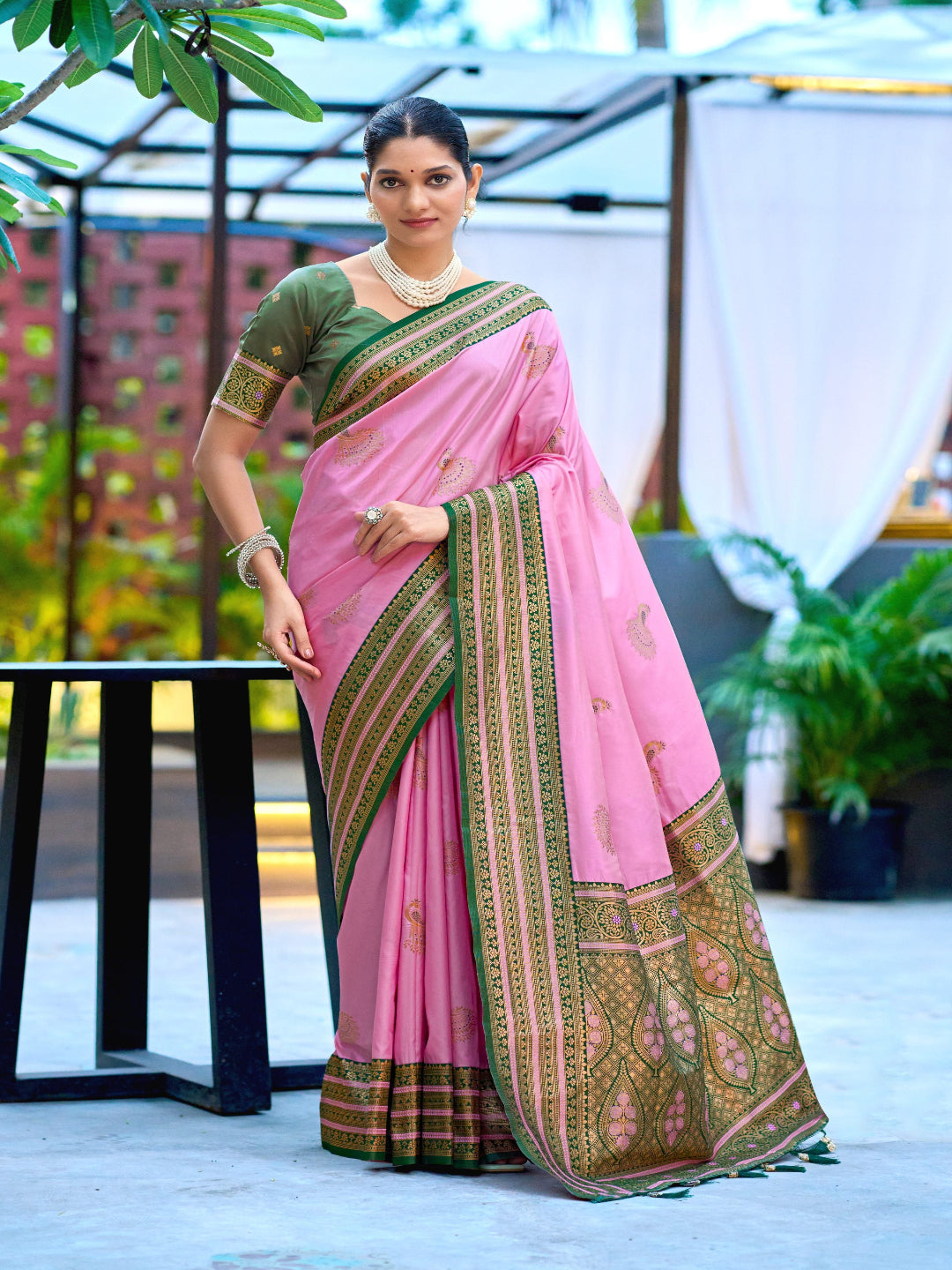 Elegant Peach Silk Saree with Contrast Maroon Heavy Zari Work