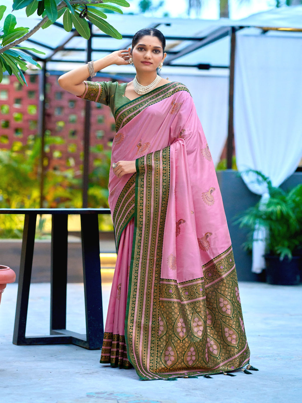 Elegant Peach Silk Saree with Contrast Maroon Heavy Zari Work