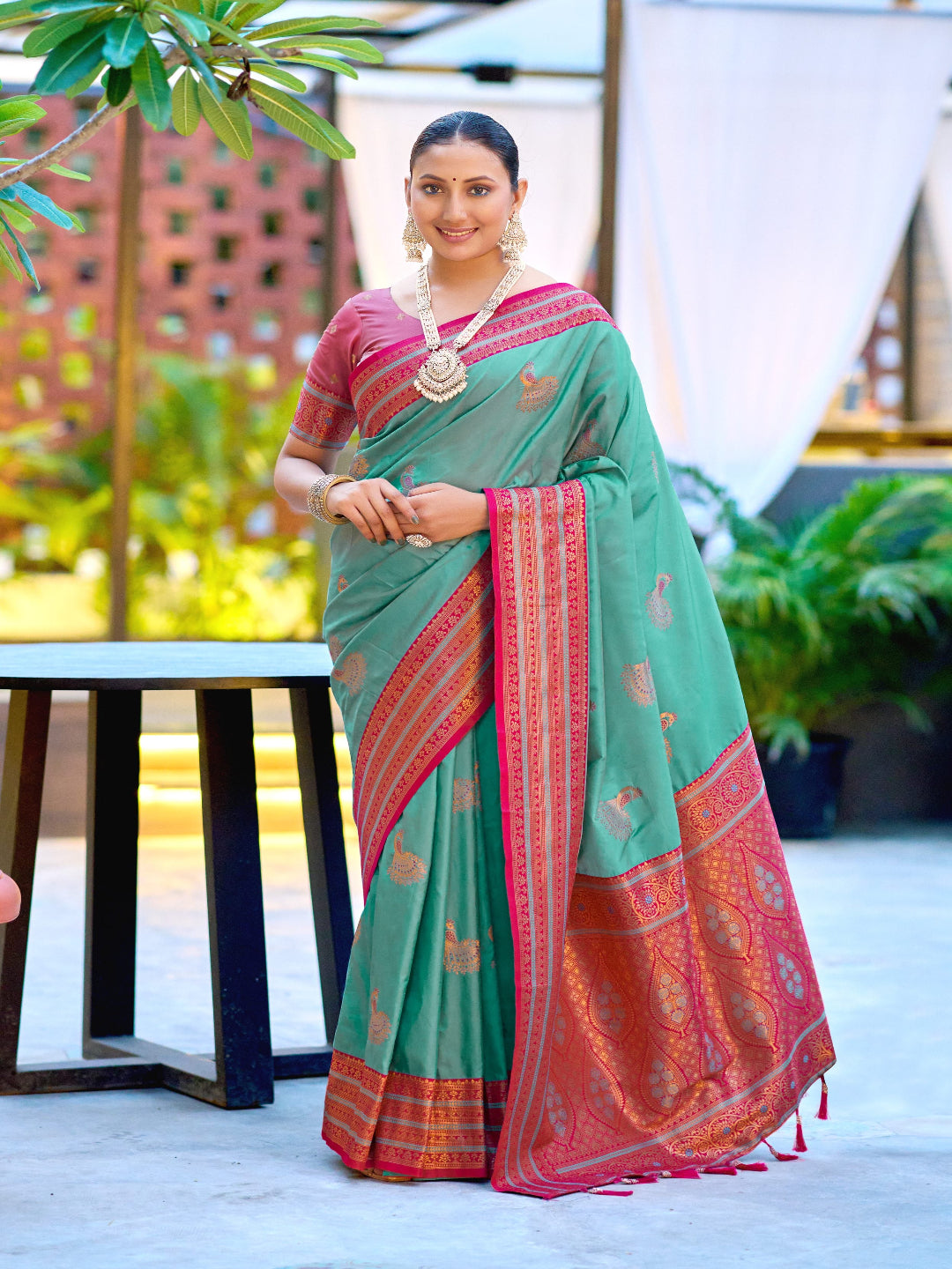 Elegant Peach Silk Saree with Contrast Maroon Heavy Zari Work