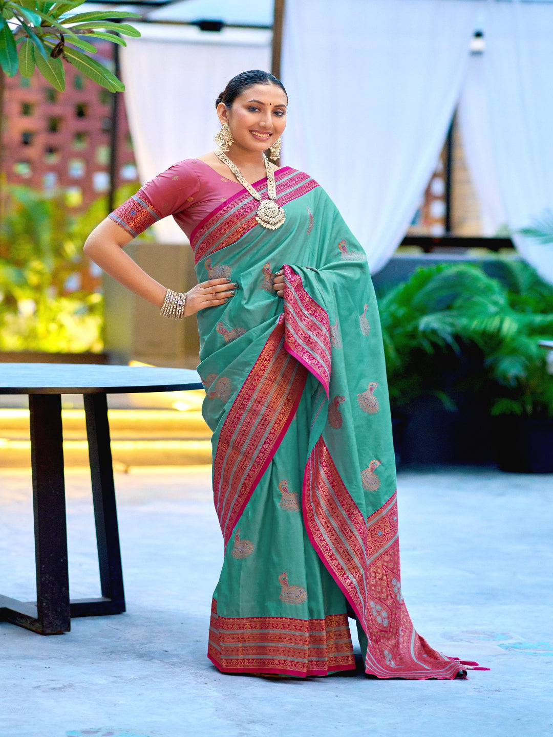 Elegant Peach Silk Saree with Contrast Maroon Heavy Zari Work