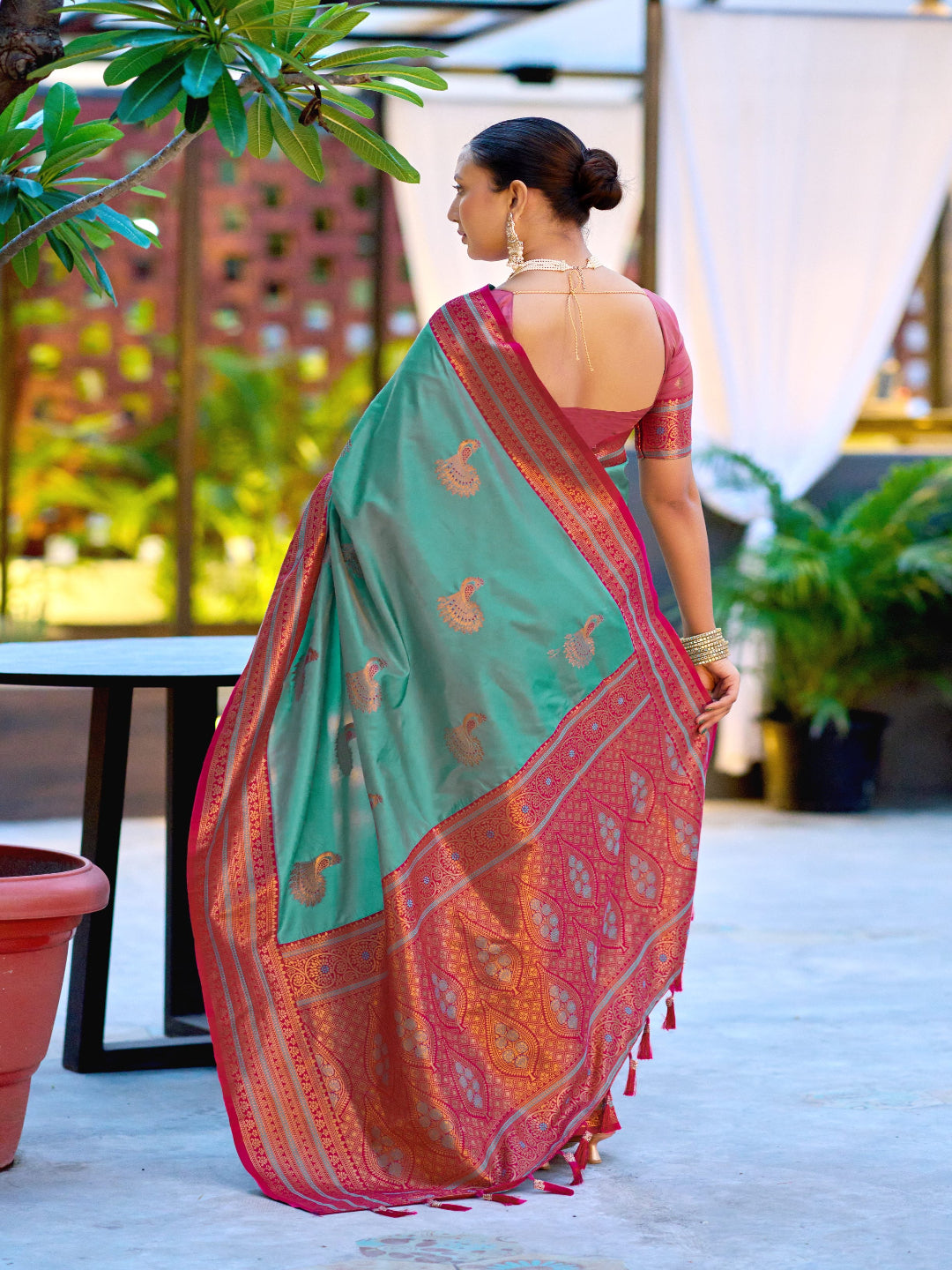 Elegant Peach Silk Saree with Contrast Maroon Heavy Zari Work