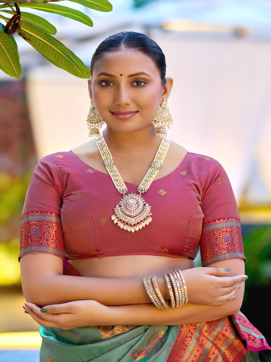 Elegant Peach Silk Saree with Contrast Maroon Heavy Zari Work