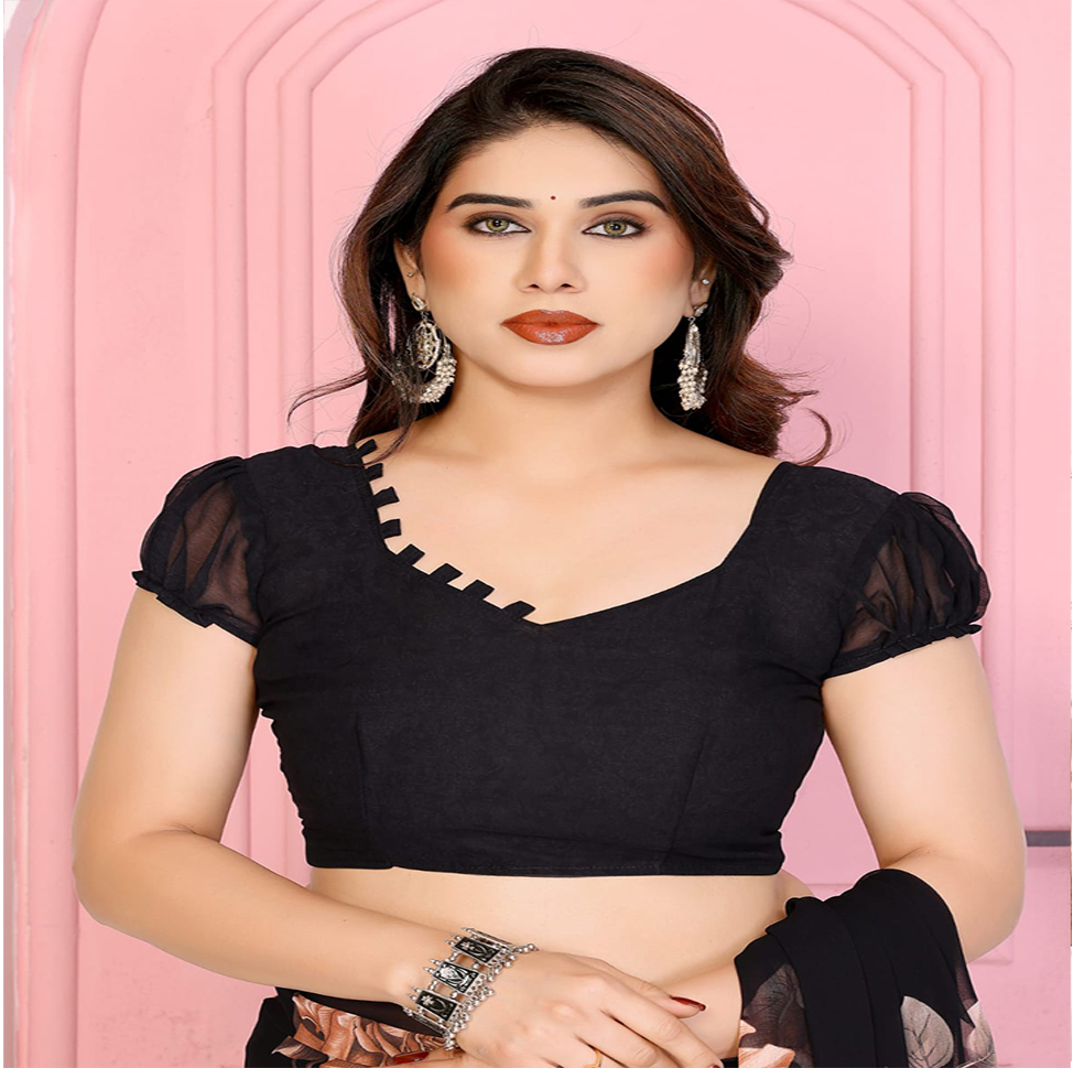 Elegant Black Floral Printed Chiffon Saree with Flower Design – Stylish Party & Casual Wear