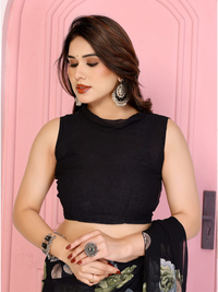 Elegant Black Floral Printed Chiffon Saree with Flower Design – Stylish Party & Casual Wear