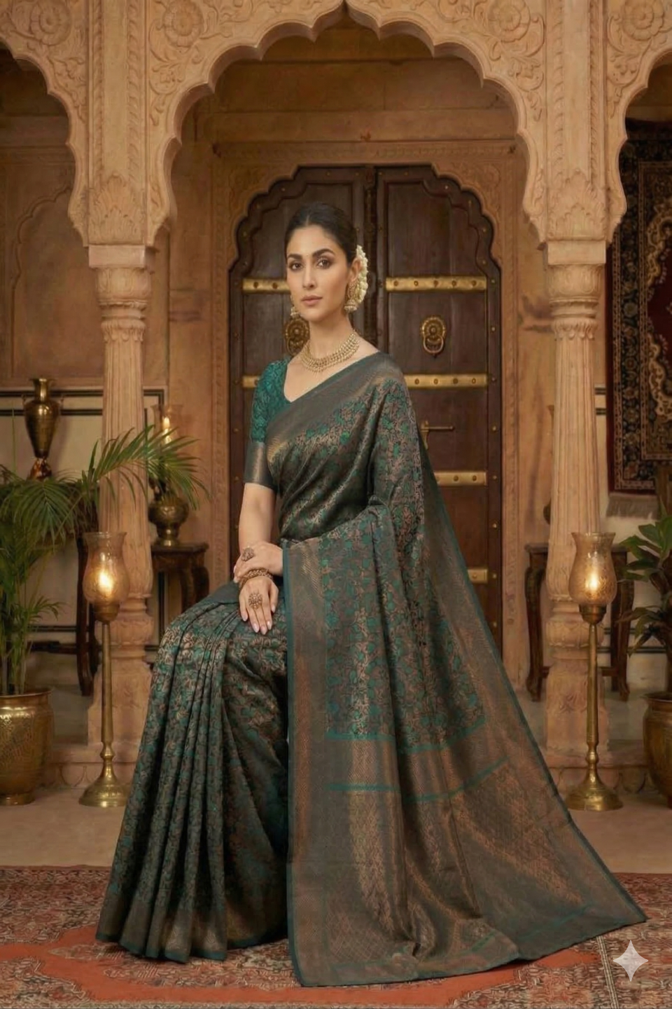 Elegant Dark Green Banarasi Style Zari Woven Saree with Rich Golden Pallu – Wedding & Festive Wear