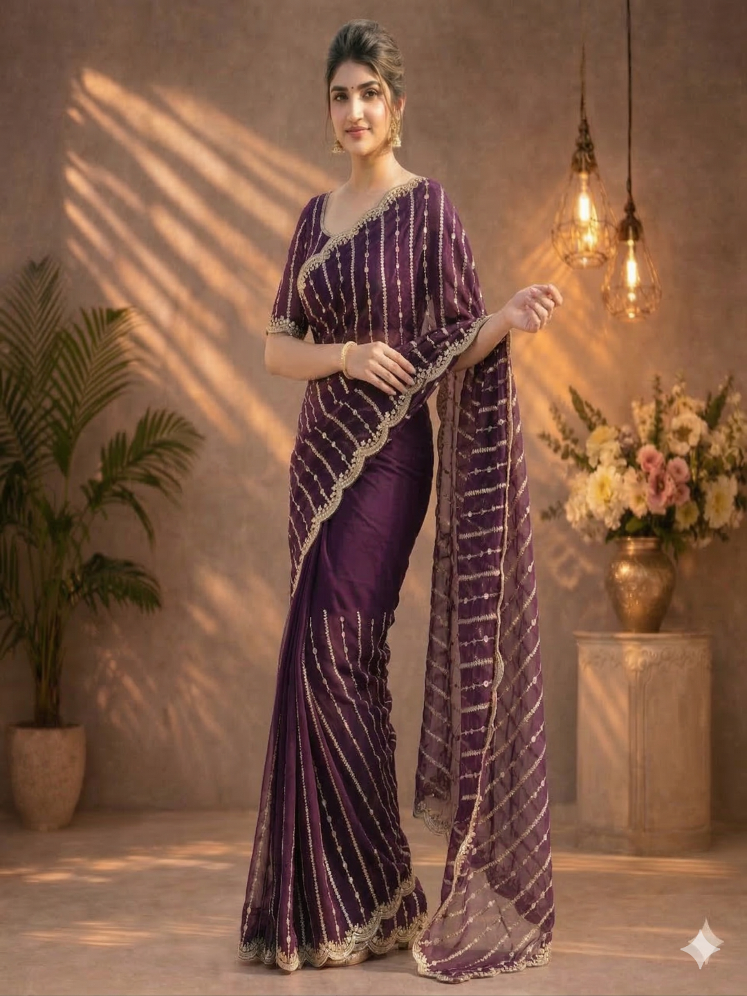 Maroon Embroidered Georgette Saree with Golden Zari Border