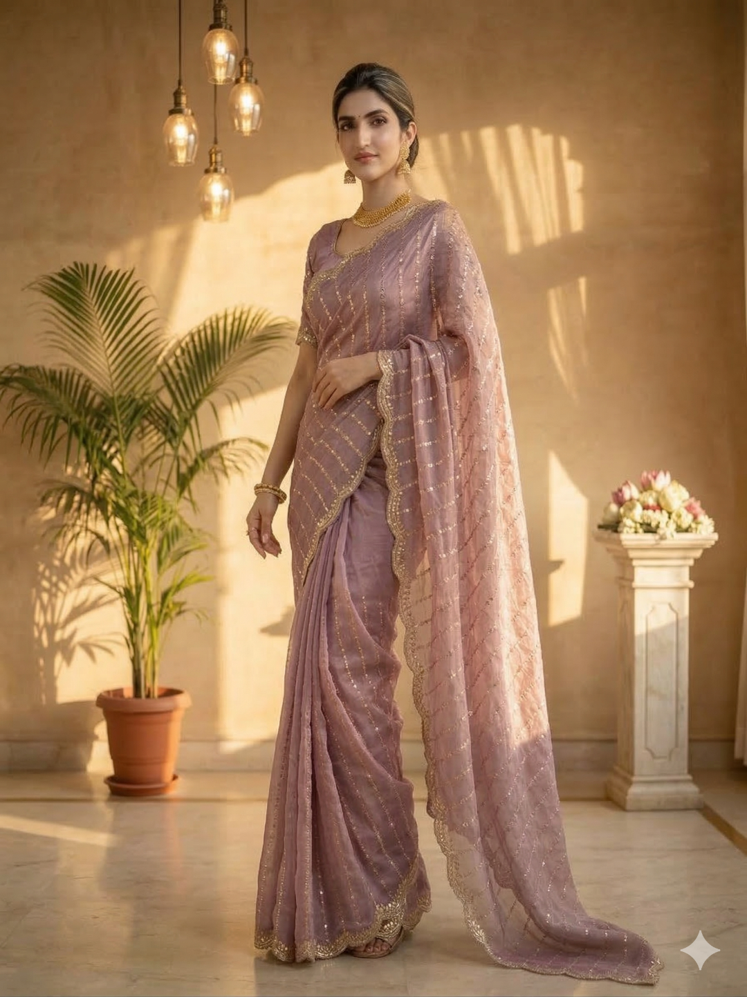 Maroon Embroidered Georgette Saree with Golden Zari Border