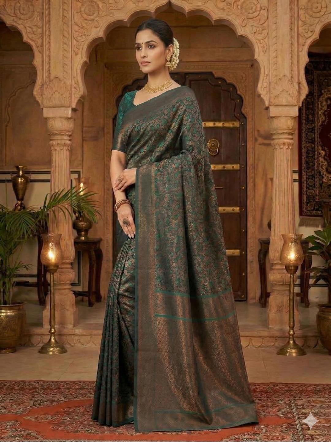 Elegant Dark Green Banarasi Style Zari Woven Saree with Rich Golden Pallu – Wedding & Festive Wear