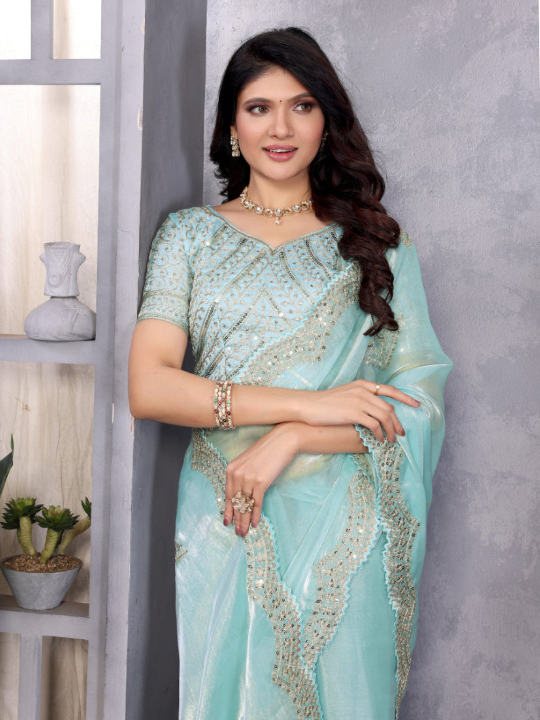 Fine Organza or Shimmer Chiffon suitable for formal ceremonial wear saree.