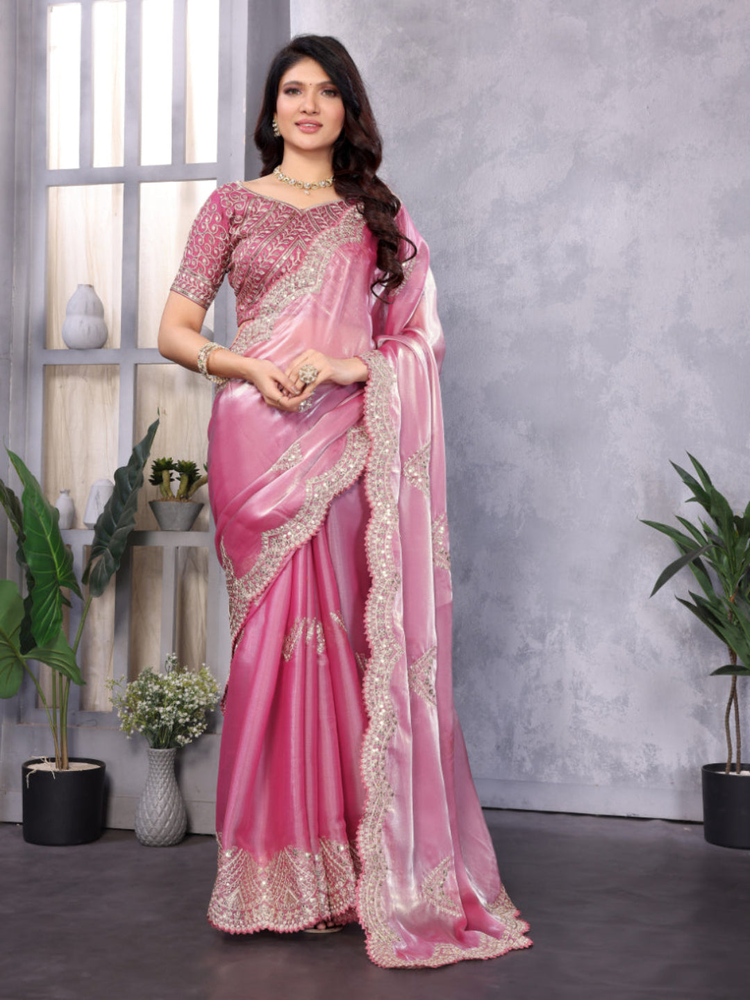 Shimmering Sequin and Thread Embroidery Chiffon Saree