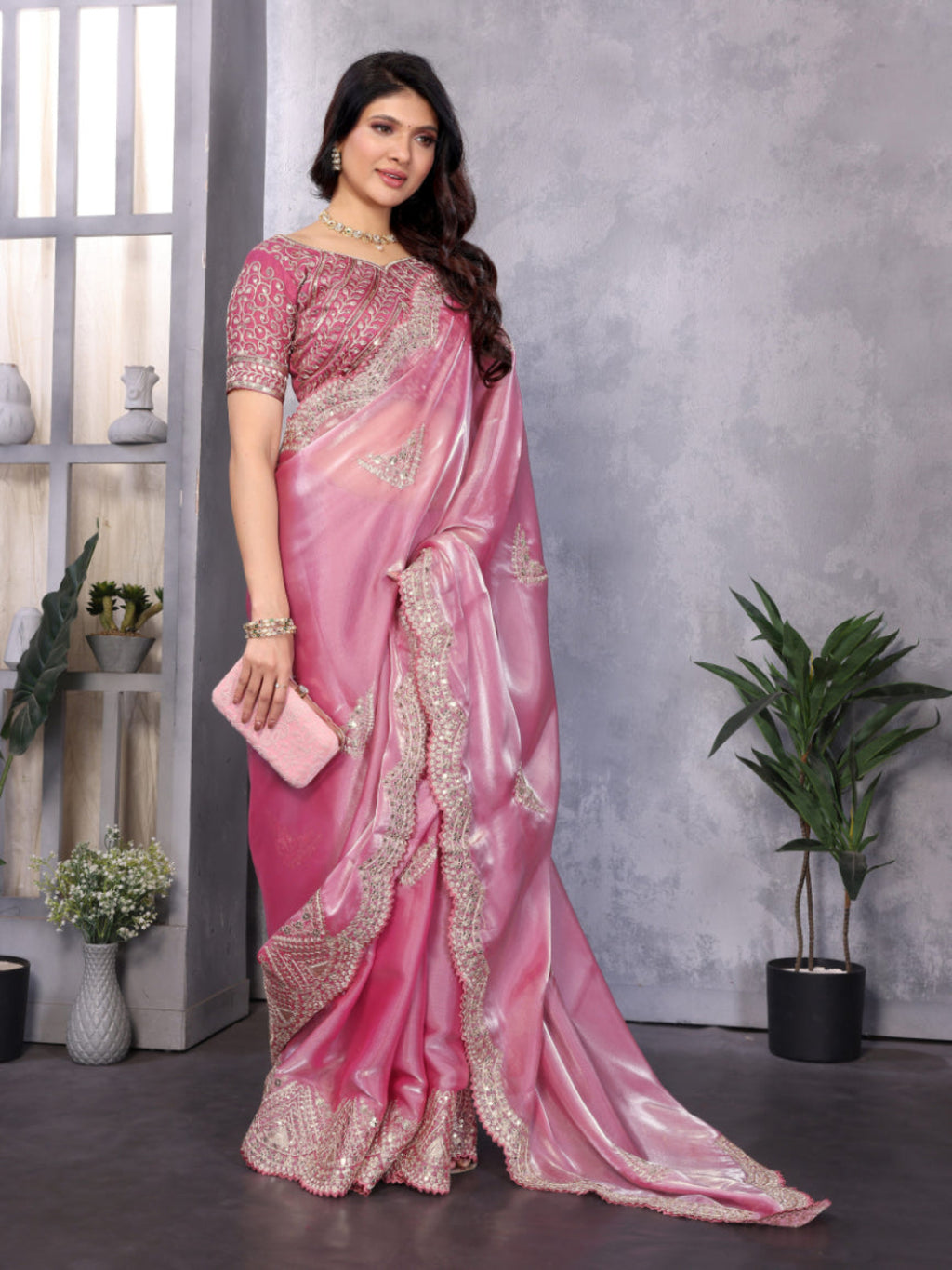Shimmering Sequin and Thread Embroidery Chiffon Saree