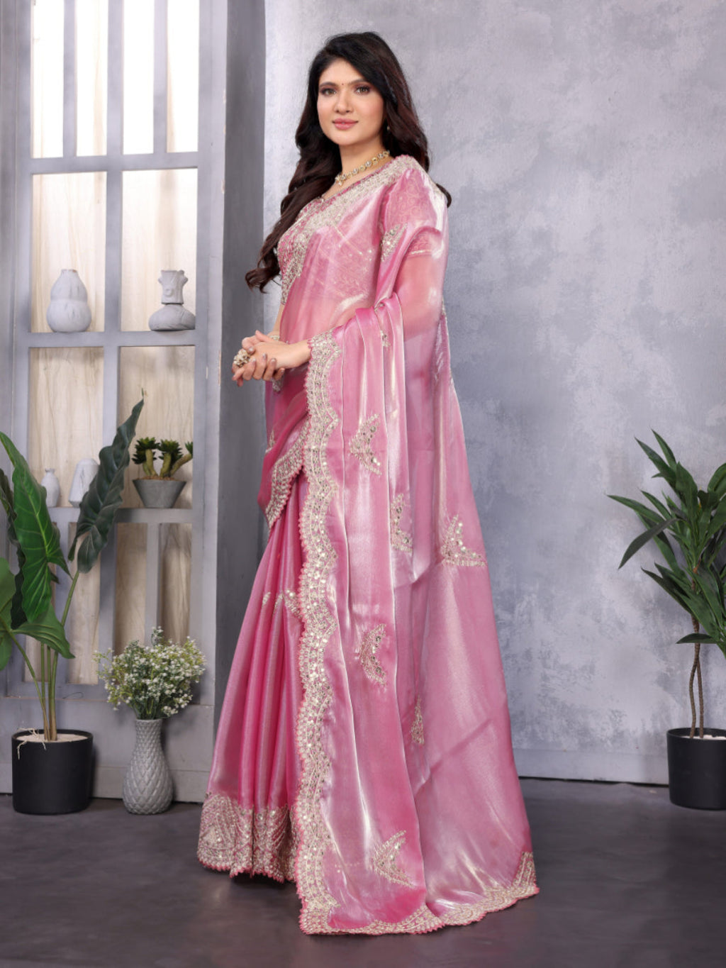 Shimmering Sequin and Thread Embroidery Chiffon Saree