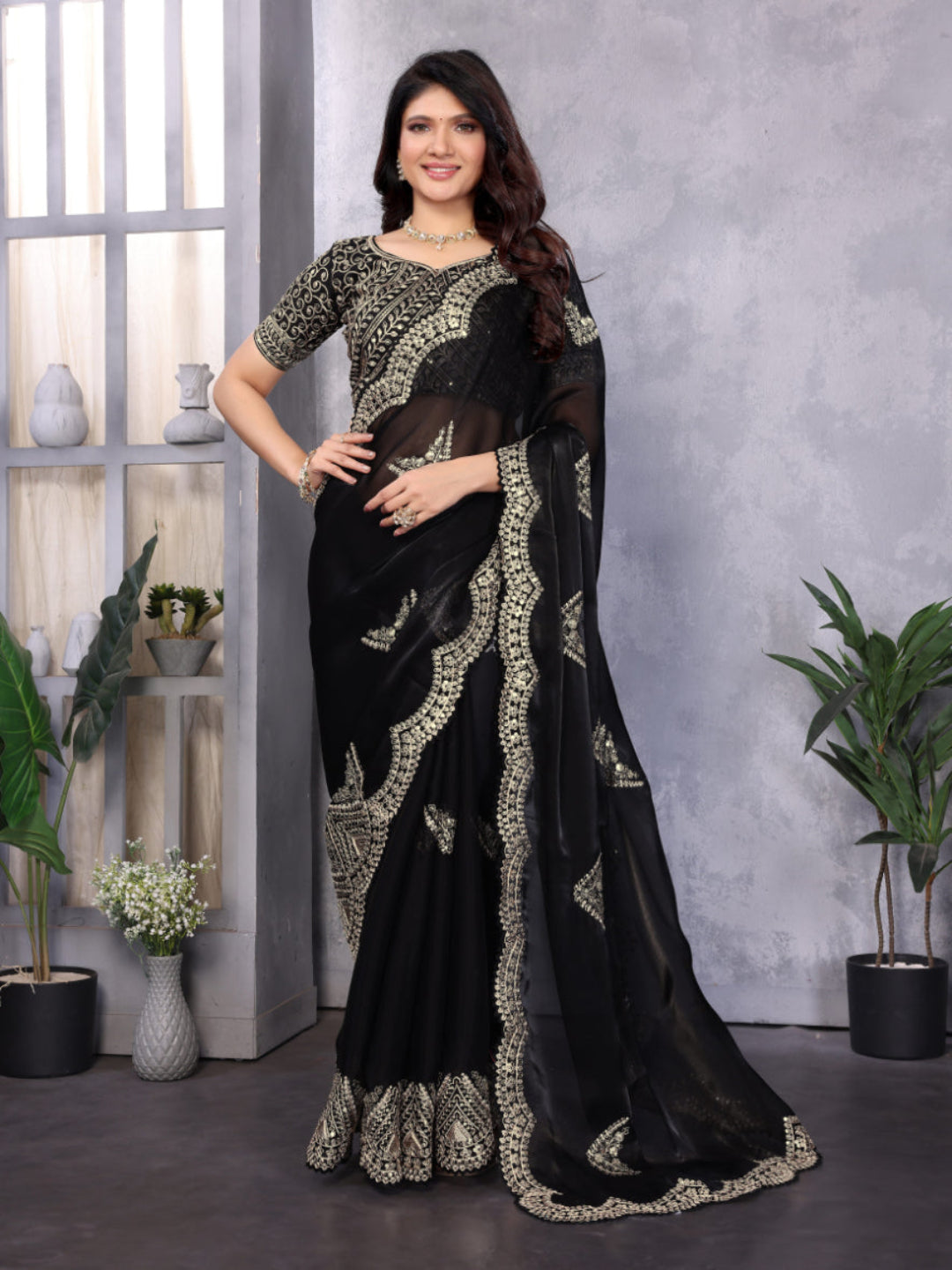 Fine Organza or Shimmer Chiffon suitable for formal ceremonial wear saree.