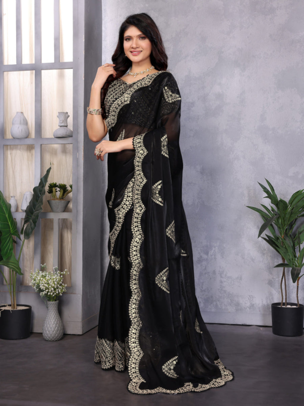 Fine Organza or Shimmer Chiffon suitable for formal ceremonial wear saree.