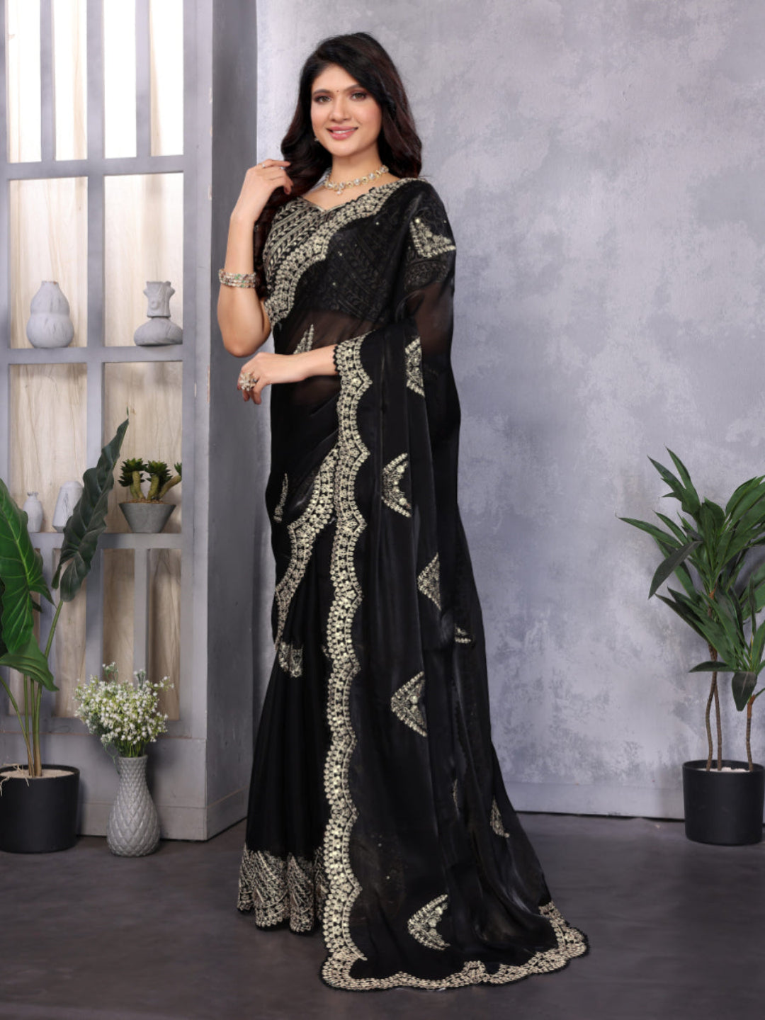 Fine Organza or Shimmer Chiffon suitable for formal ceremonial wear saree.