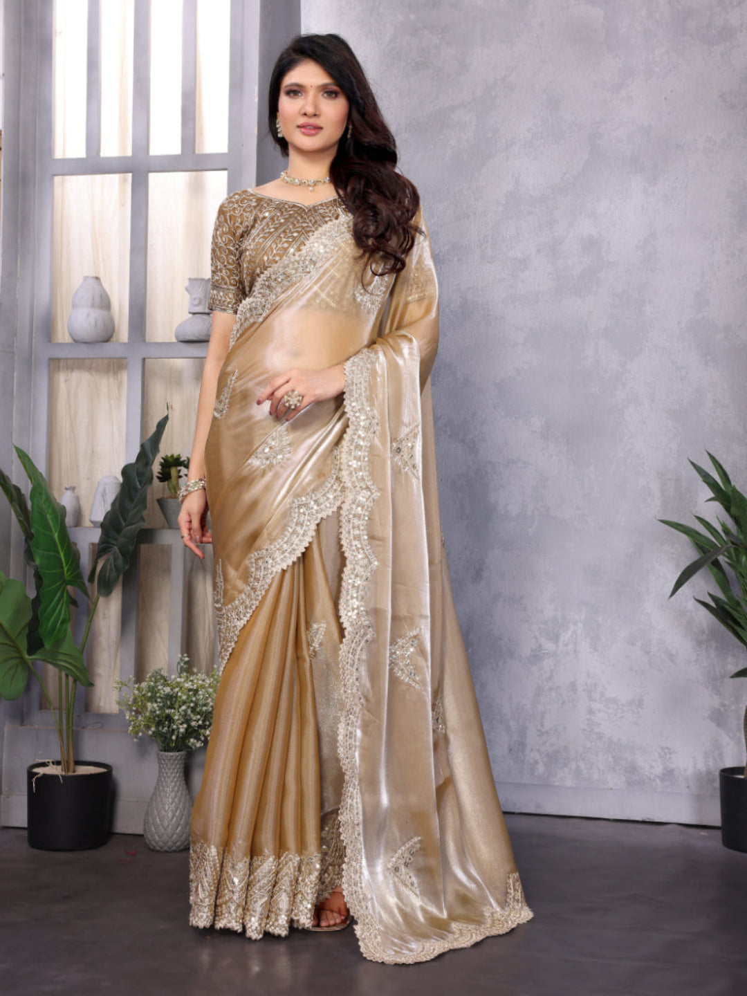 Fine Organza or Shimmer Chiffon suitable for formal ceremonial wear saree.