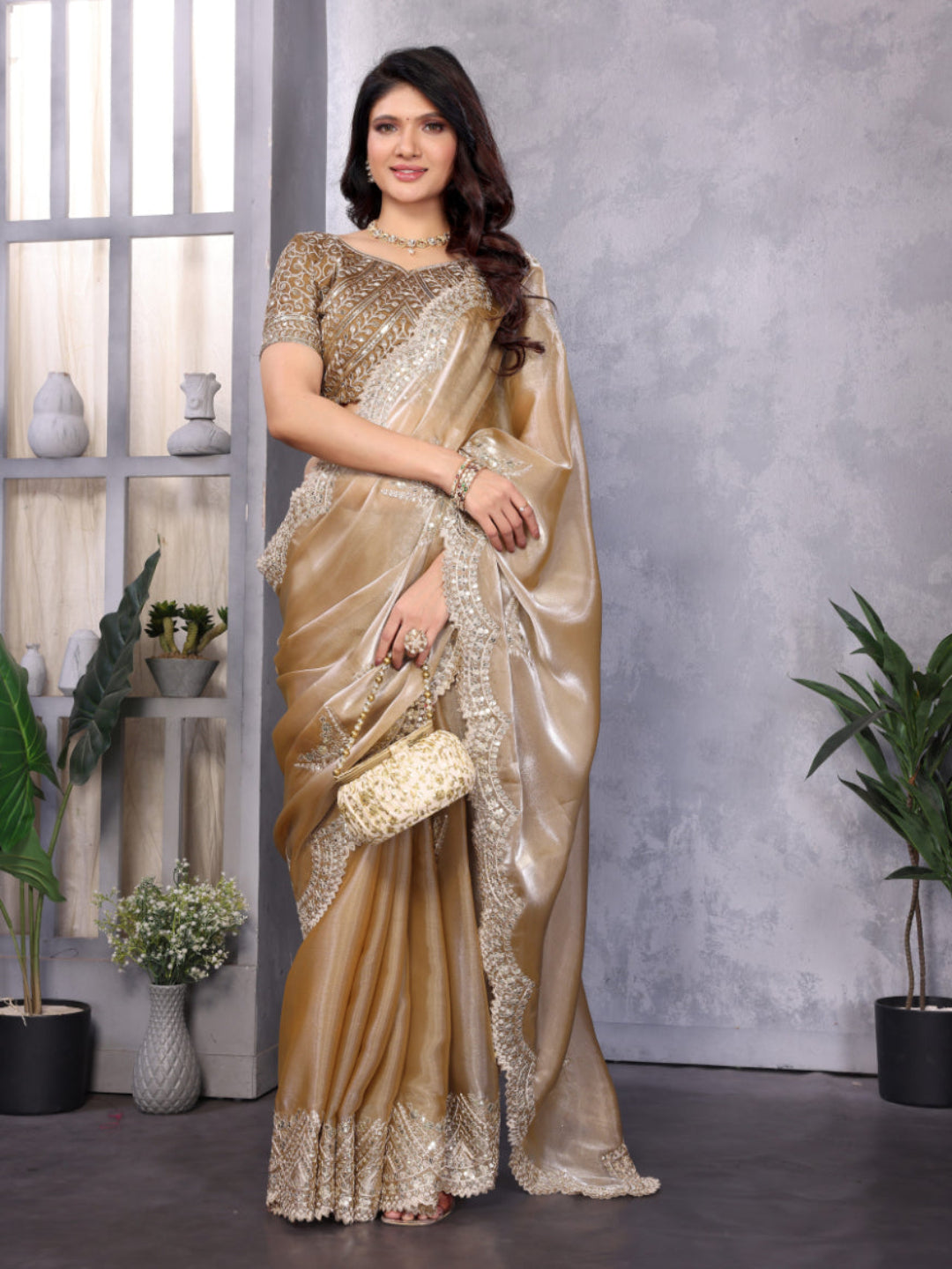 Fine Organza or Shimmer Chiffon suitable for formal ceremonial wear saree.