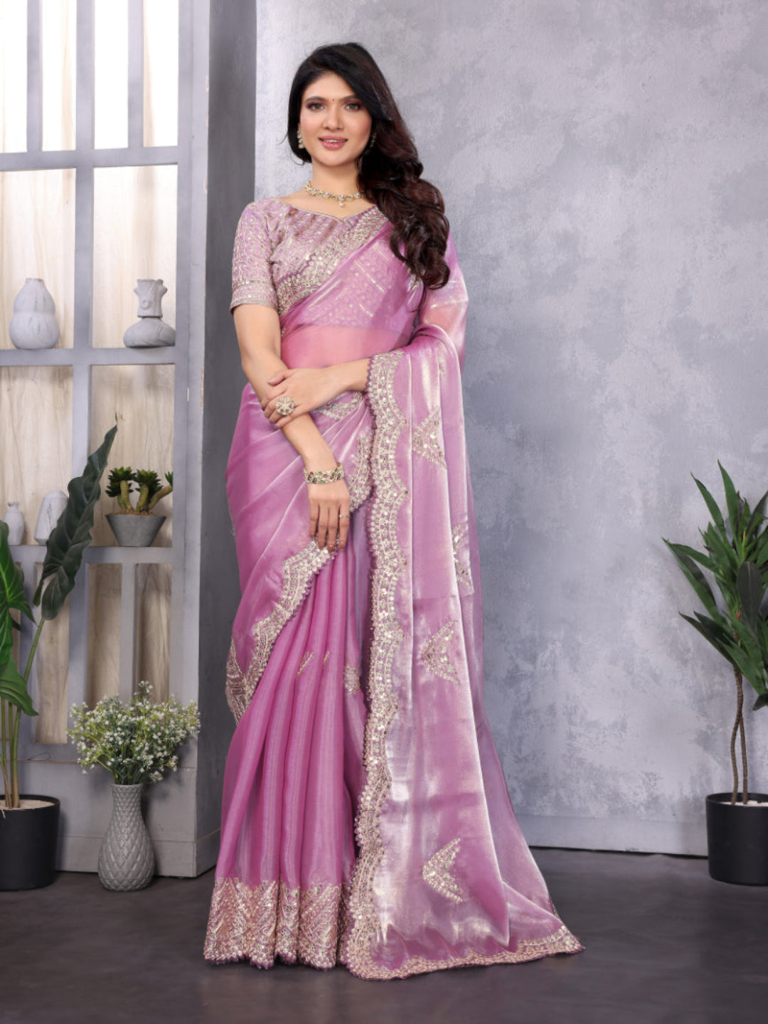 Fine Organza or Shimmer Chiffon suitable for formal ceremonial wear saree.