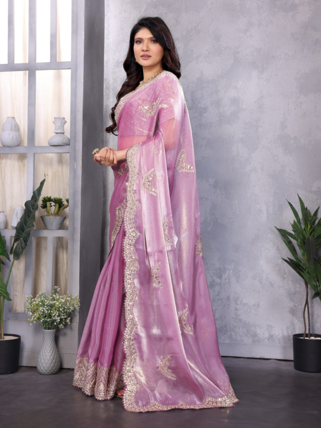 Fine Organza or Shimmer Chiffon suitable for formal ceremonial wear saree.