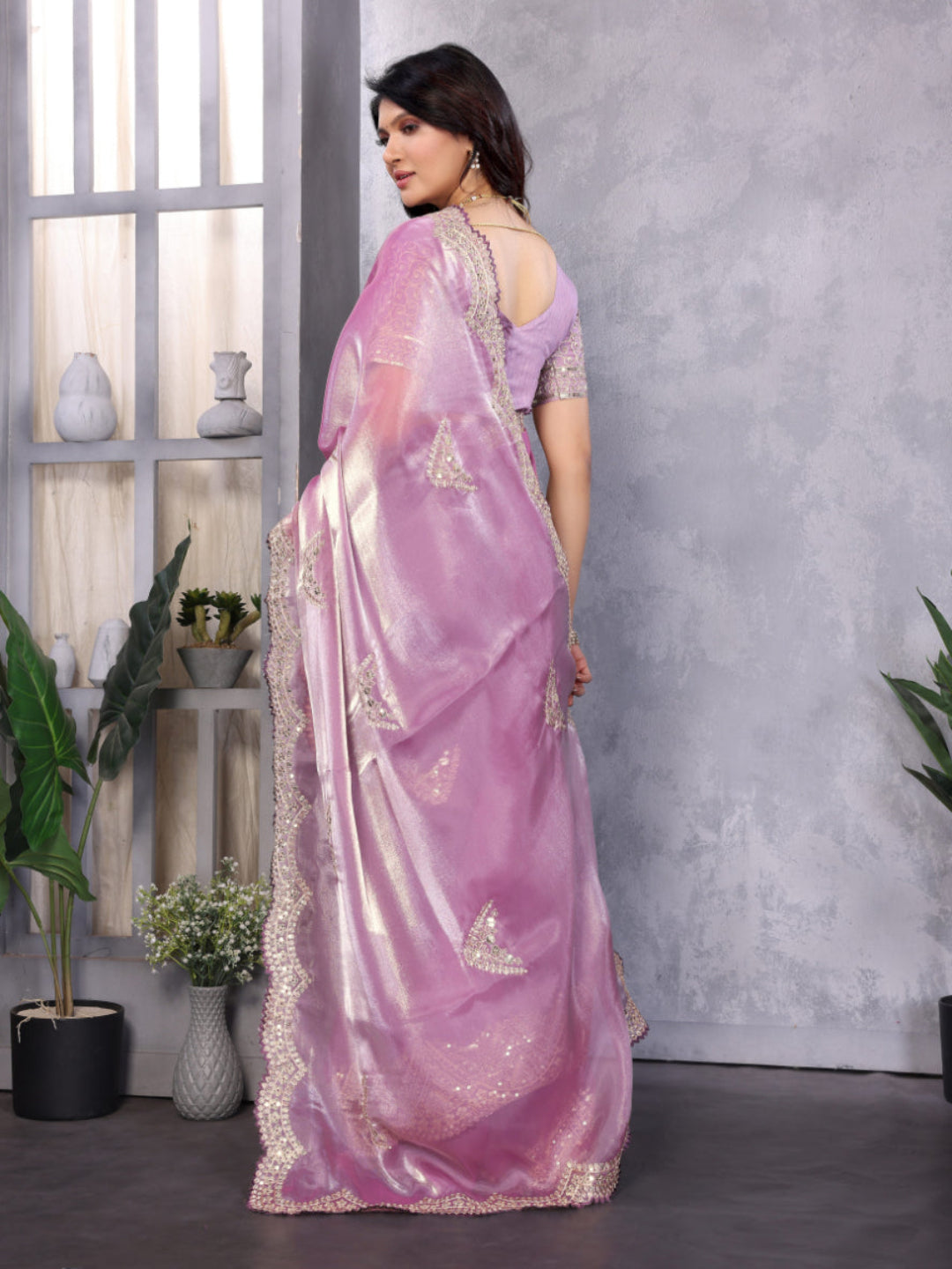 Fine Organza or Shimmer Chiffon suitable for formal ceremonial wear saree.