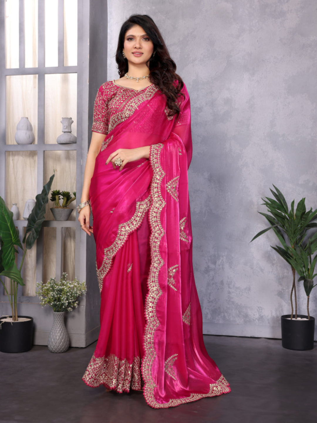 Shimmering Sequin and Thread Embroidery Chiffon Saree