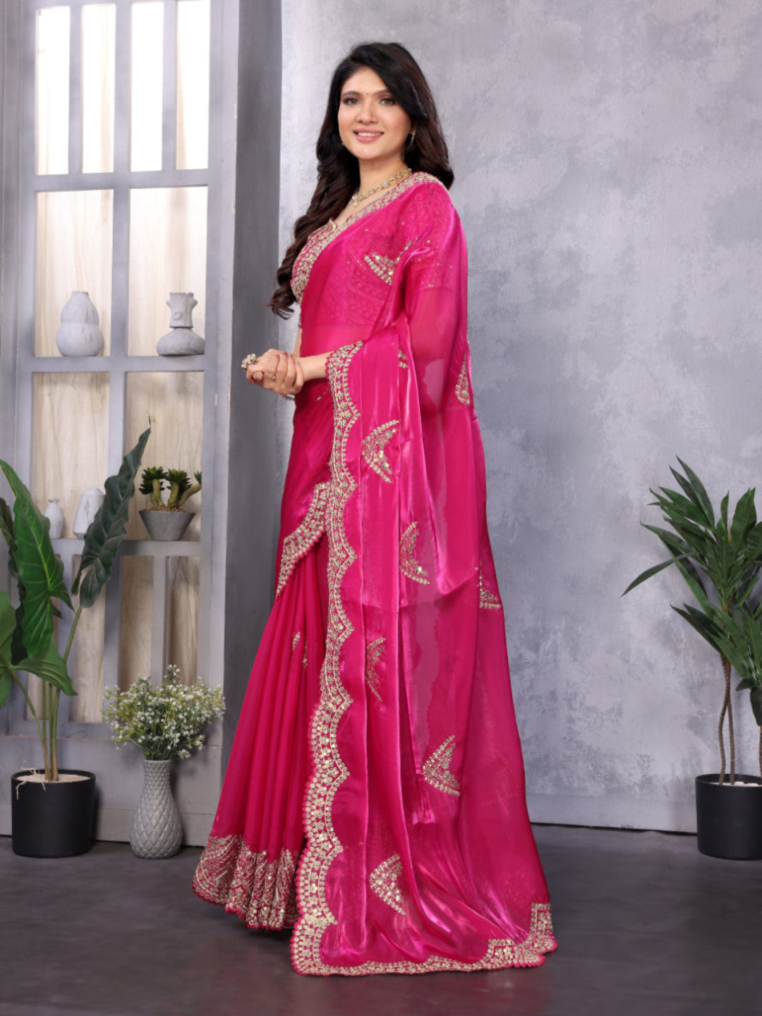 Shimmering Sequin and Thread Embroidery Chiffon Saree