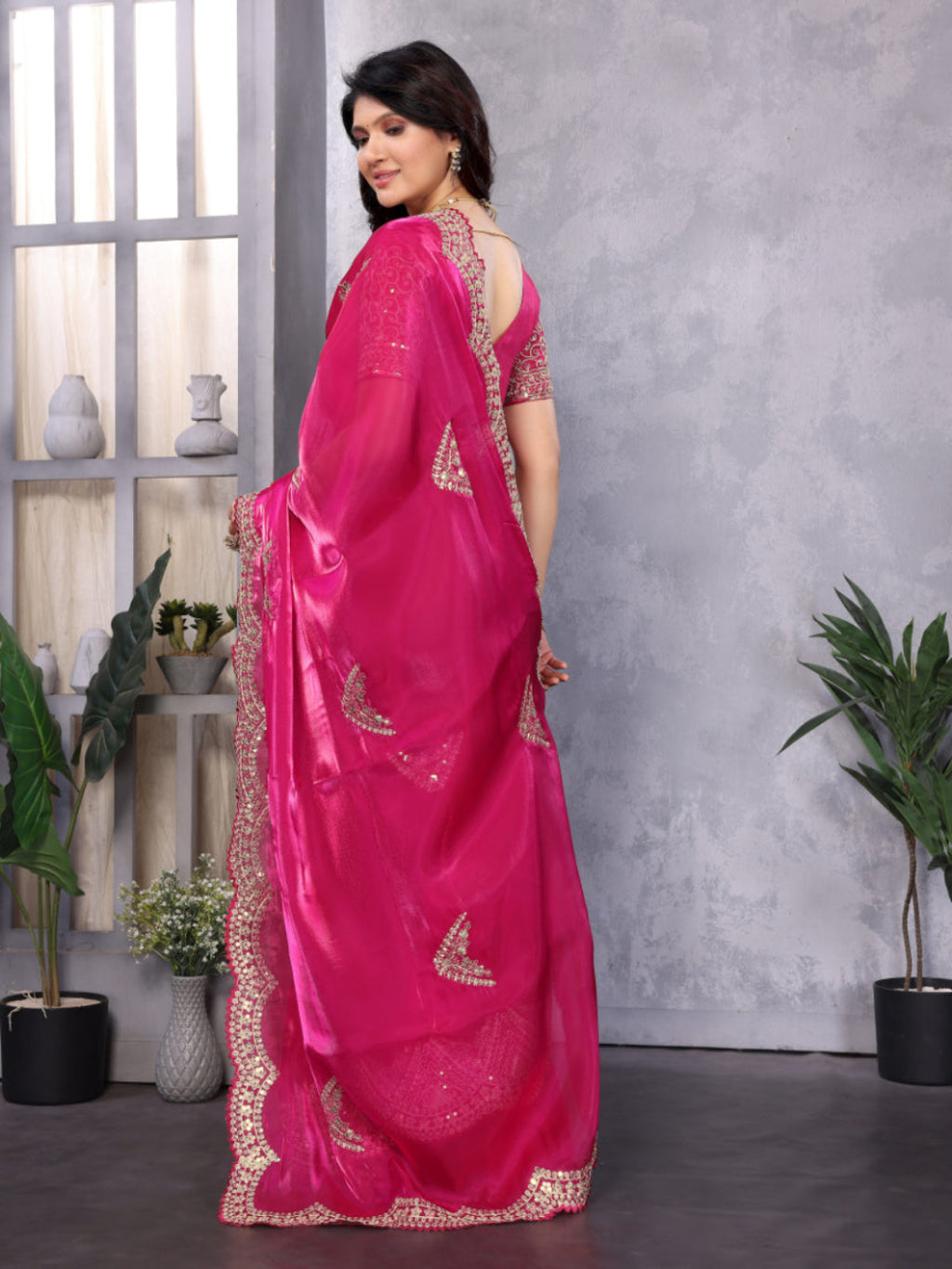 Shimmering Sequin and Thread Embroidery Chiffon Saree