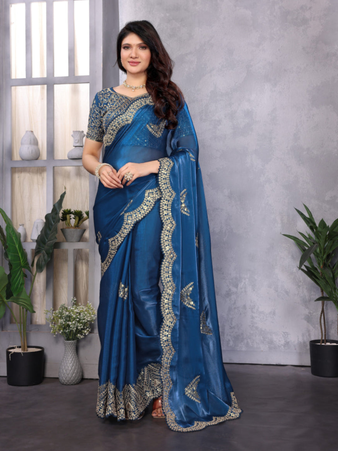 Shimmering Sequin and Thread Embroidery Chiffon Saree