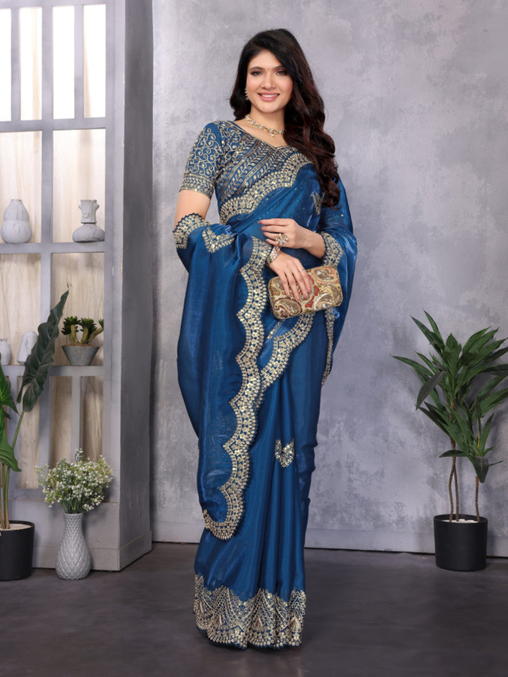 Shimmering Sequin and Thread Embroidery Chiffon Saree