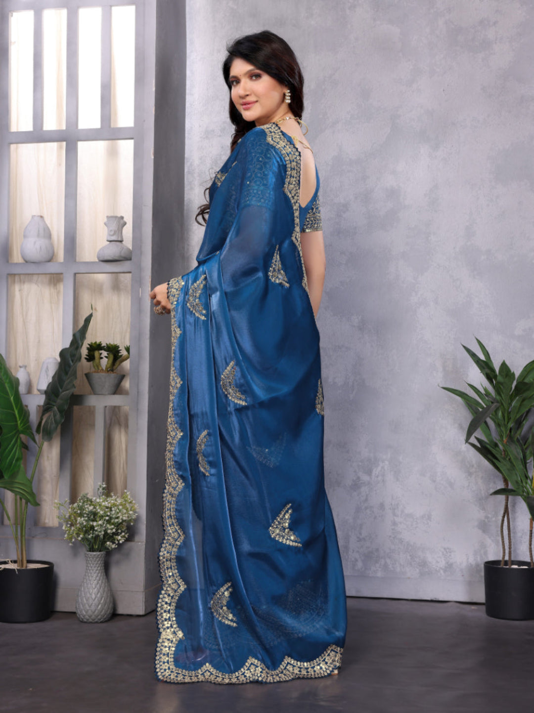 Shimmering Sequin and Thread Embroidery Chiffon Saree