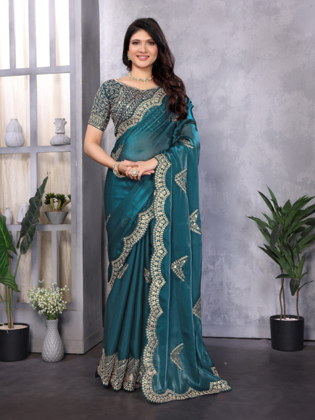 Shimmering Sequin and Thread Embroidery Chiffon Saree