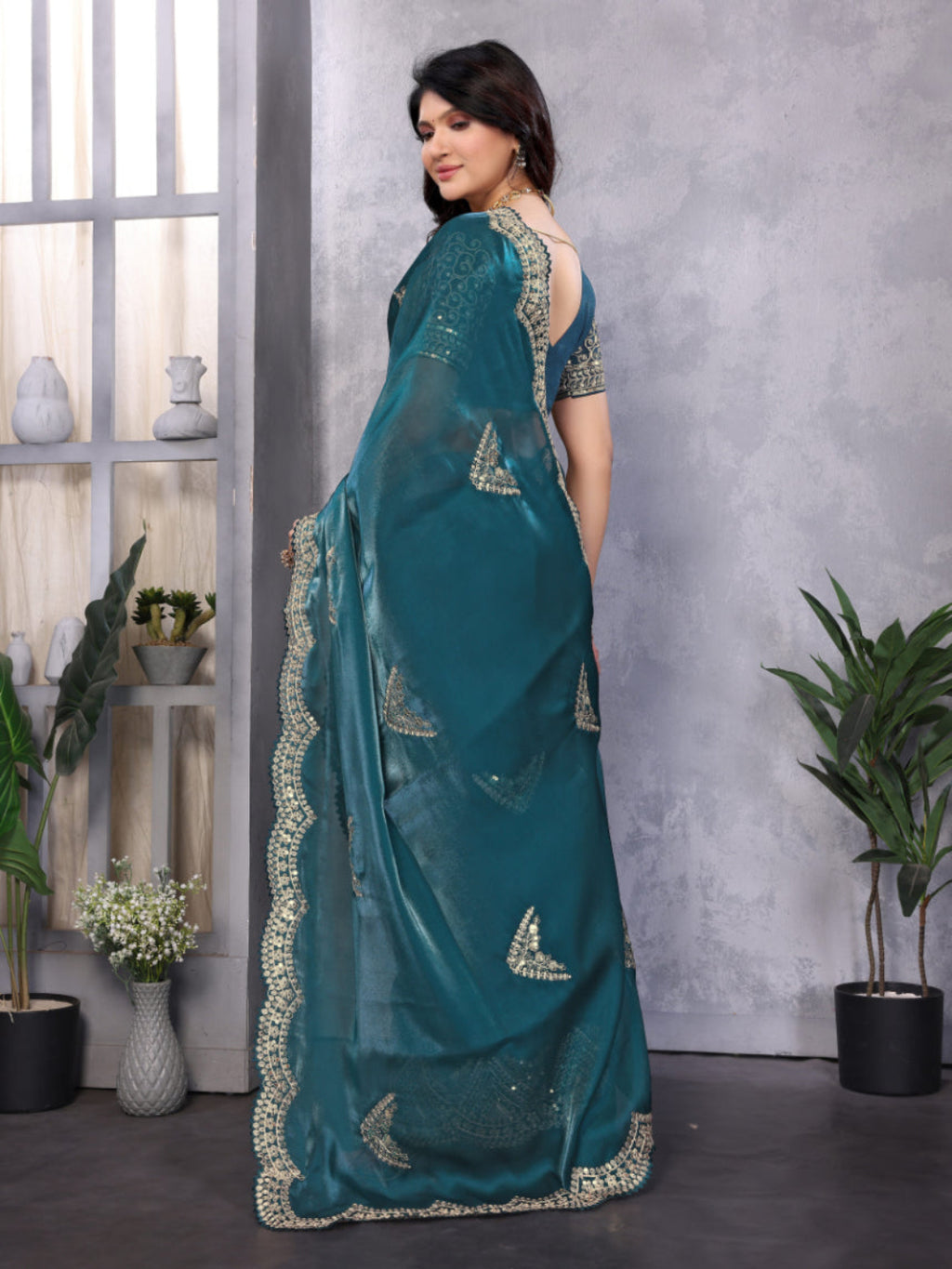 Shimmering Sequin and Thread Embroidery Chiffon Saree