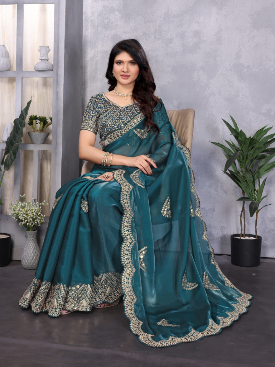 Shimmering Sequin and Thread Embroidery Chiffon Saree