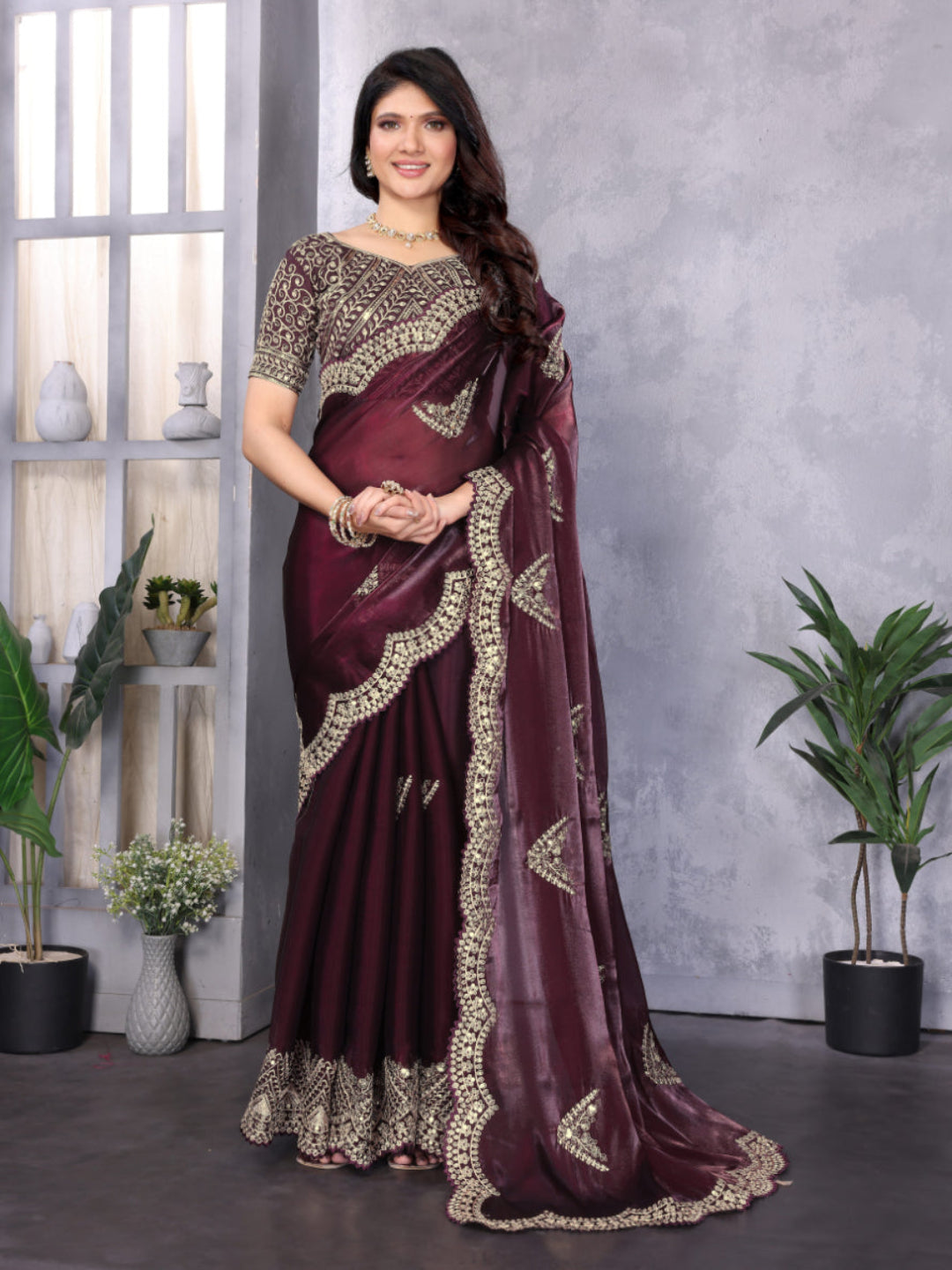 Shimmering Sequin and Thread Embroidery Chiffon Saree