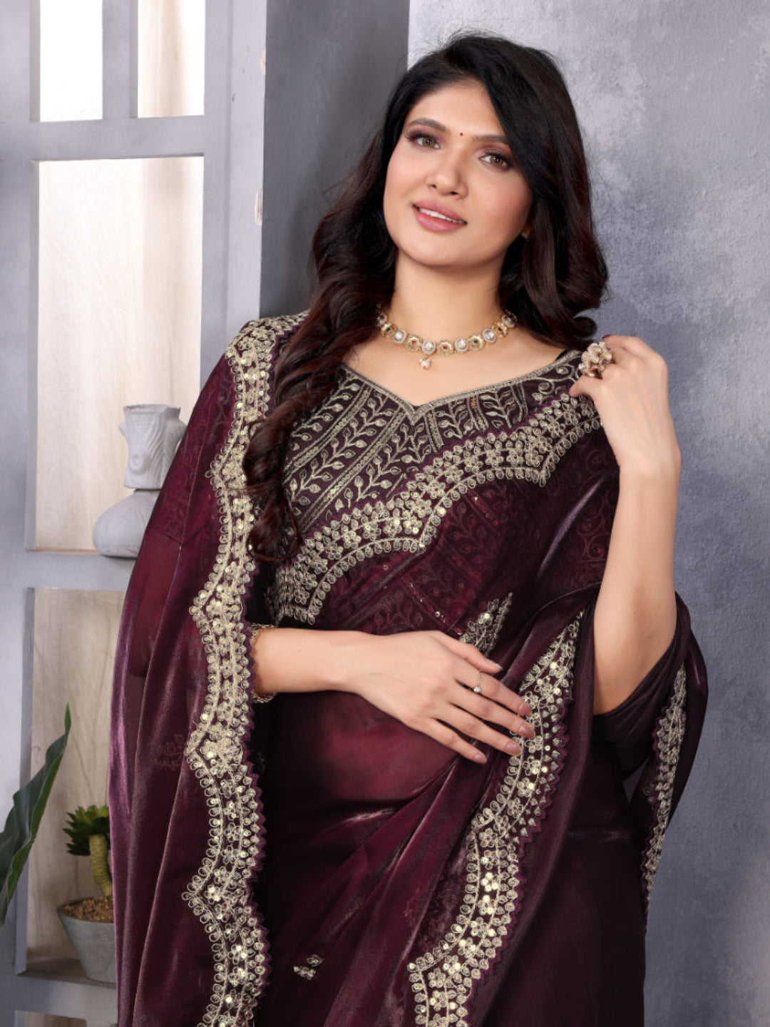 Shimmering Sequin and Thread Embroidery Chiffon Saree