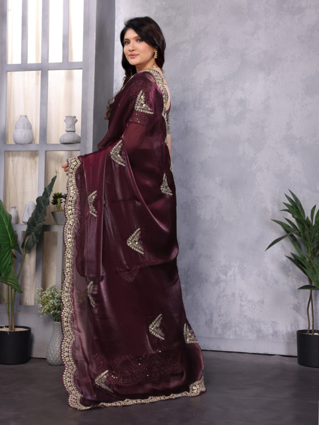 Shimmering Sequin and Thread Embroidery Chiffon Saree