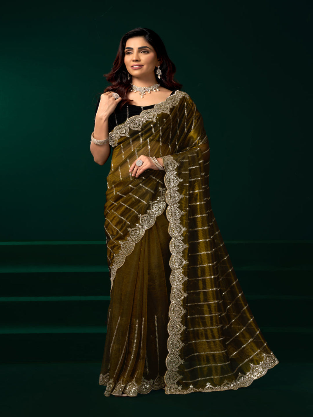 Net Fabric Wedding Party Saree with Designer Embroidery